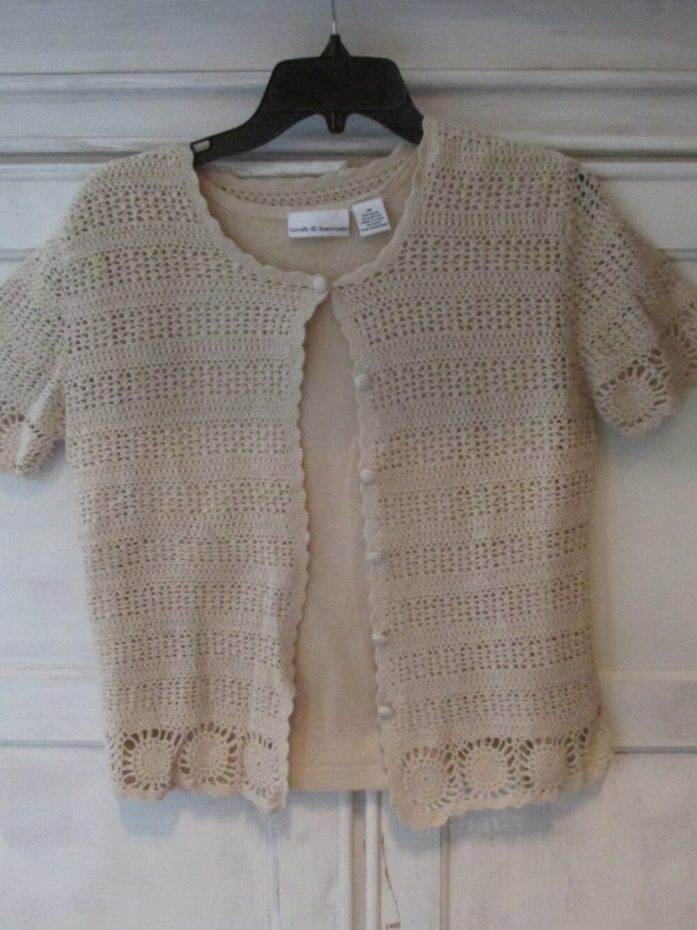 CROFT & BARROW WOMEN'S SIZE M SWEATER SET BEIGE CREW NECK CROCHET CARDIGAN TOP